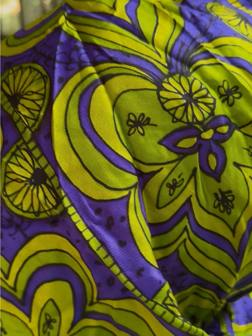 Bohemian Jet-Setting Psychedelic Mod Floral Medallion 60s Hand-Rolled Silk Scarf